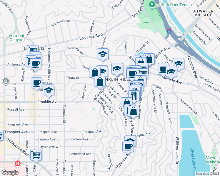 map of restaurants, bars, coffee shops, grocery stores, and more near 3851 Tracy Street in Los Angeles