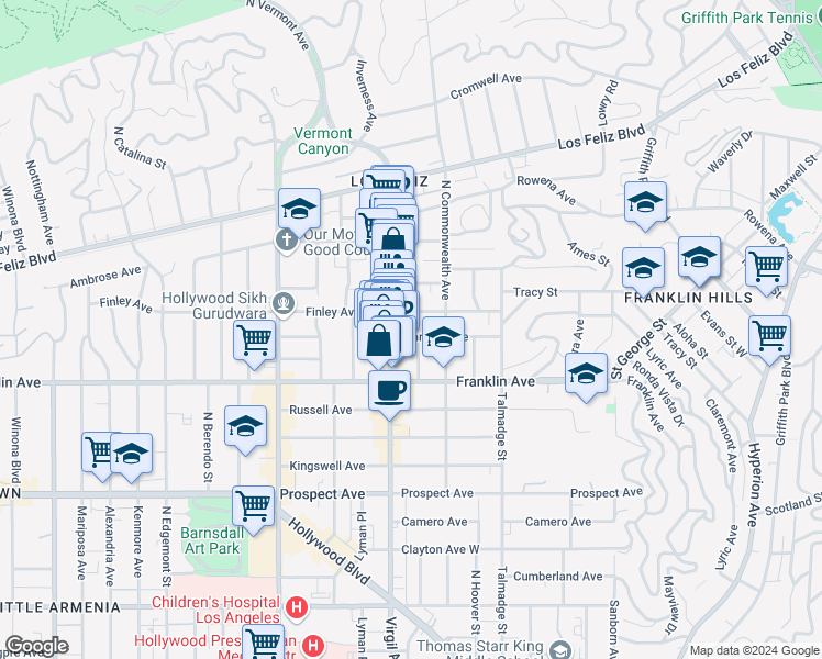 map of restaurants, bars, coffee shops, grocery stores, and more near 4451 Clarissa Avenue in Los Angeles