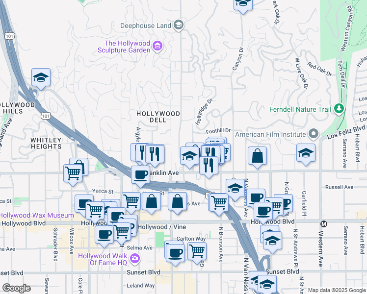 map of restaurants, bars, coffee shops, grocery stores, and more near 1962 Beachwood Drive in Los Angeles
