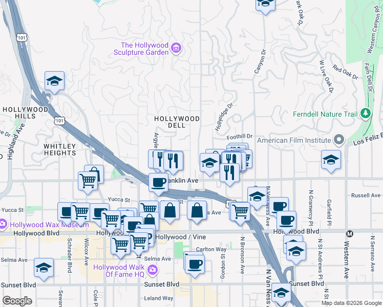 map of restaurants, bars, coffee shops, grocery stores, and more near 1963 Carmen Avenue in Los Angeles