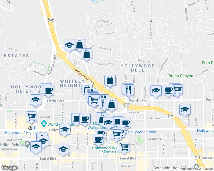 map of restaurants, bars, coffee shops, grocery stores, and more near 6325 Vedanta Terrace in Los Angeles