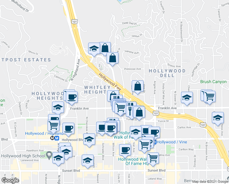 map of restaurants, bars, coffee shops, grocery stores, and more near 1958 North Cahuenga Boulevard in Los Angeles
