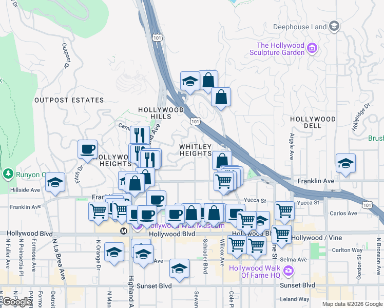 map of restaurants, bars, coffee shops, grocery stores, and more near 1965 Whitley Avenue in Los Angeles
