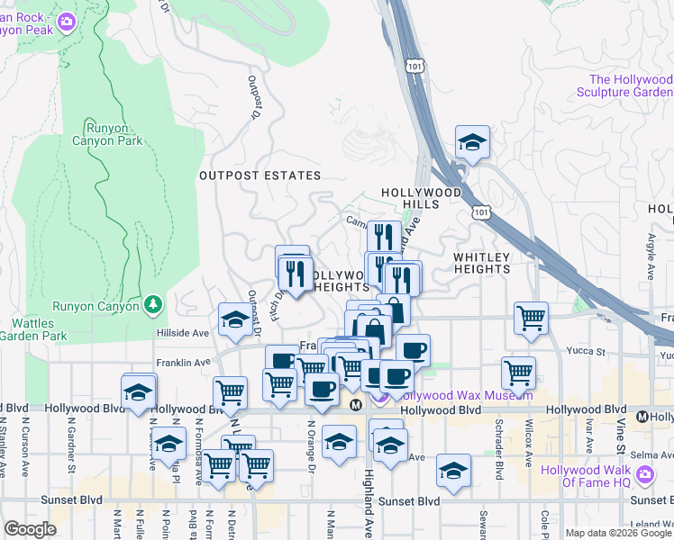 map of restaurants, bars, coffee shops, grocery stores, and more near in Los Angeles
