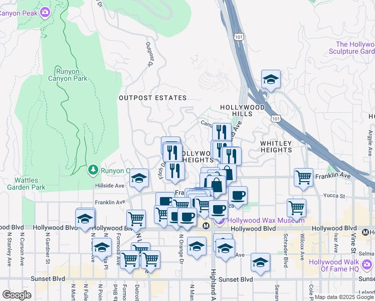 map of restaurants, bars, coffee shops, grocery stores, and more near 6927 Paseo Del Serra in Los Angeles