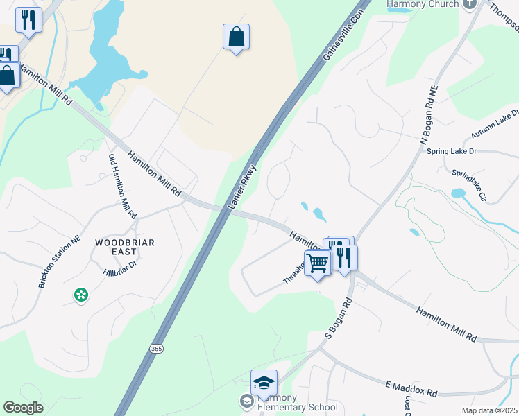 map of restaurants, bars, coffee shops, grocery stores, and more near 4251 Hamilton Mill Road in Buford