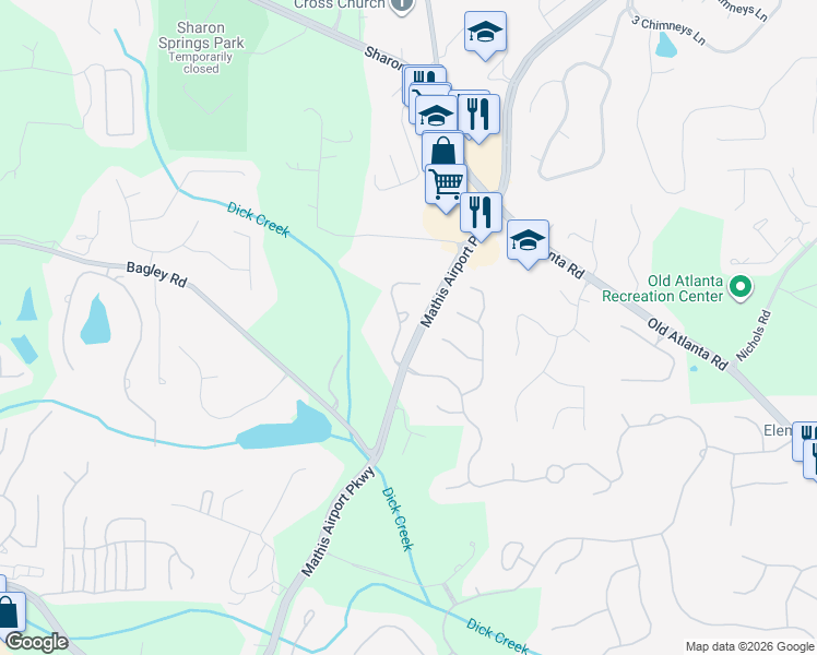 map of restaurants, bars, coffee shops, grocery stores, and more near 360 Andelle Avenue in Suwanee