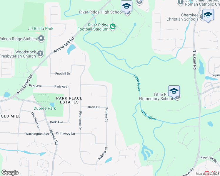 map of restaurants, bars, coffee shops, grocery stores, and more near 225 Sabrina Court in Woodstock