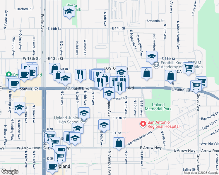 map of restaurants, bars, coffee shops, grocery stores, and more near North Campus Avenue in Upland
