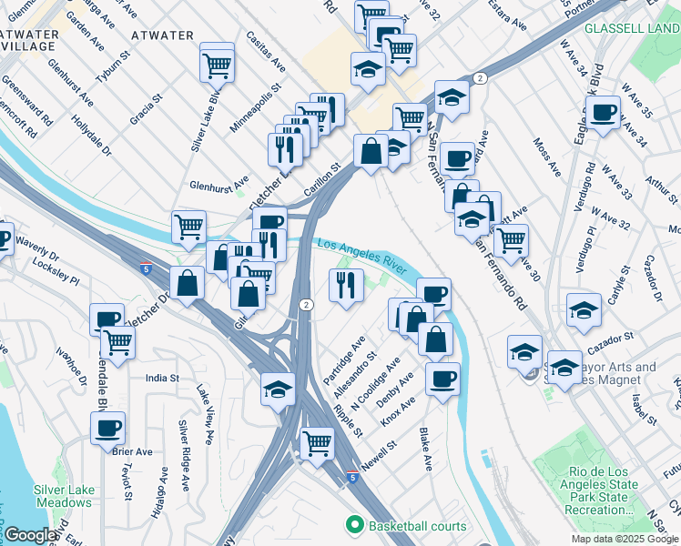 map of restaurants, bars, coffee shops, grocery stores, and more near 2938 Gleneden Street in Los Angeles