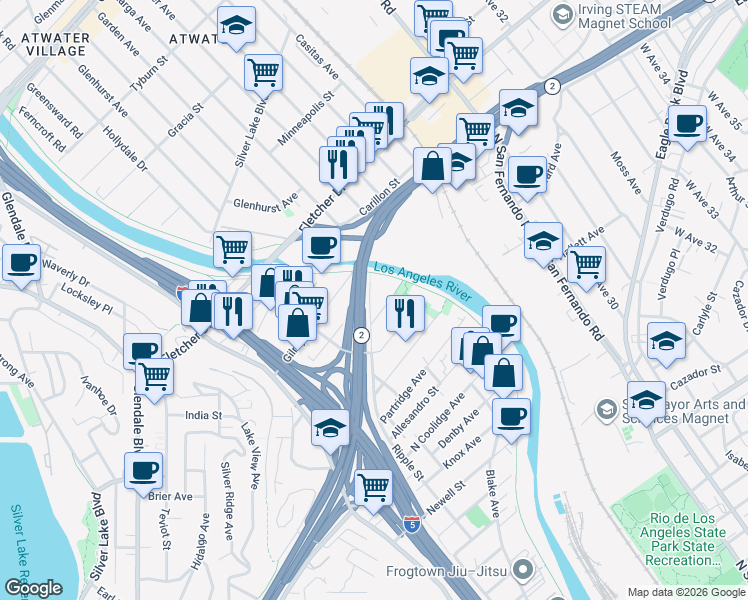 map of restaurants, bars, coffee shops, grocery stores, and more near 2950 Ripple Place in Los Angeles