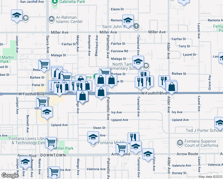 map of restaurants, bars, coffee shops, grocery stores, and more near 17334 East Foothill Boulevard in Fontana