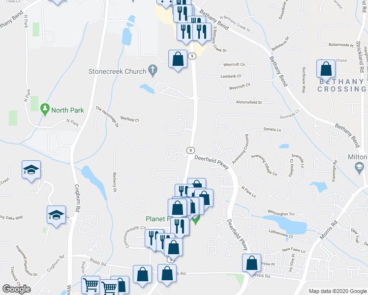 map of restaurants, bars, coffee shops, grocery stores, and more near 3068 Big Sky Lane in Milton