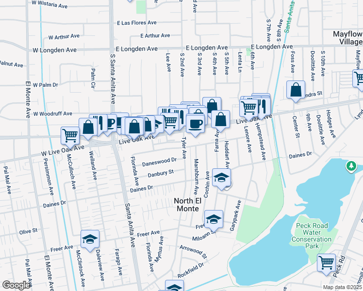 map of restaurants, bars, coffee shops, grocery stores, and more near 11271 Lynrose Street in Arcadia