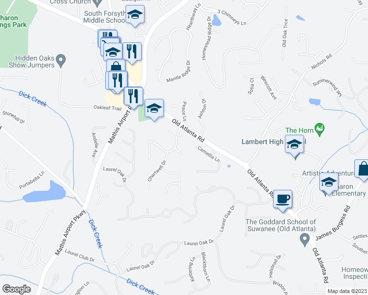 map of restaurants, bars, coffee shops, grocery stores, and more near 3425 Chartwell Court in Suwanee