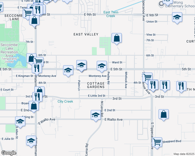 map of restaurants, bars, coffee shops, grocery stores, and more near 24615 Monterey Avenue in San Bernardino