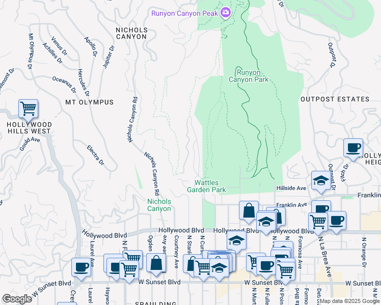 map of restaurants, bars, coffee shops, grocery stores, and more near 1962 Wattles Drive in Los Angeles