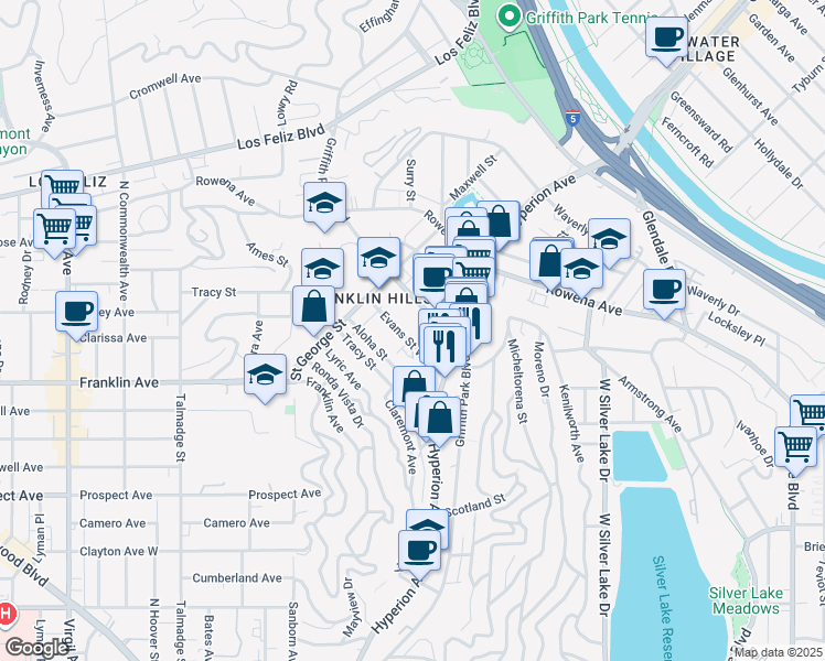 map of restaurants, bars, coffee shops, grocery stores, and more near 2727 Griffith Park Boulevard in Los Angeles