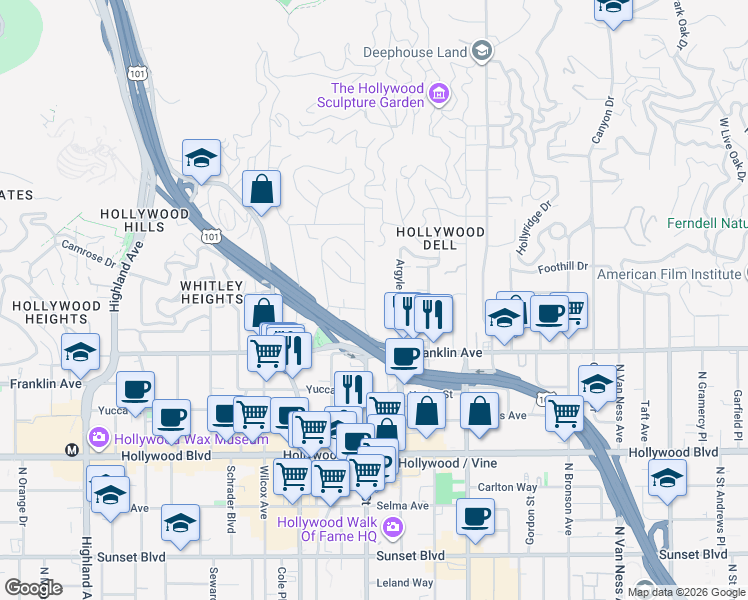 map of restaurants, bars, coffee shops, grocery stores, and more near 1961 Argyle Avenue in Los Angeles