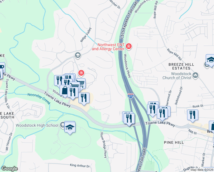 map of restaurants, bars, coffee shops, grocery stores, and more near 170 Stoneforest Drive in Woodstock