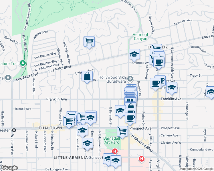 map of restaurants, bars, coffee shops, grocery stores, and more near 1949 North Catalina Street in Los Angeles