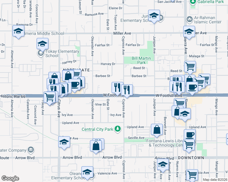 map of restaurants, bars, coffee shops, grocery stores, and more near 16468 Foothill Boulevard in Fontana