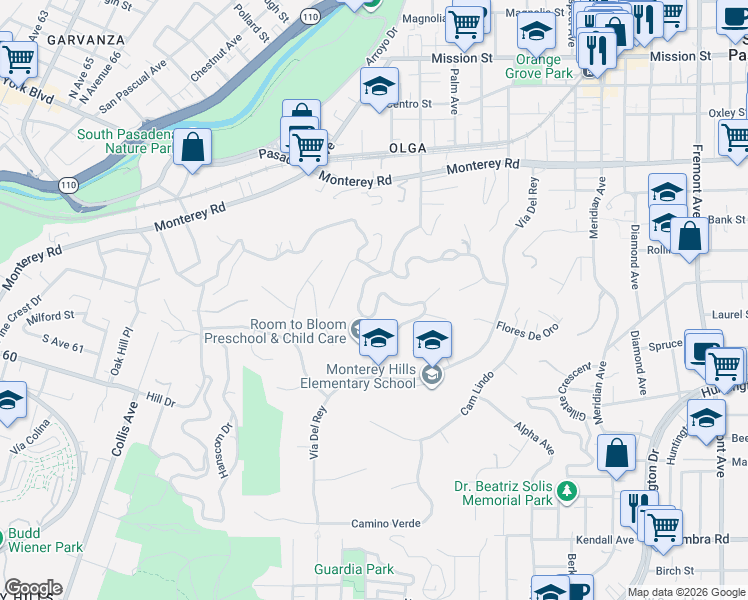 map of restaurants, bars, coffee shops, grocery stores, and more near 1480 Indiana Avenue in South Pasadena
