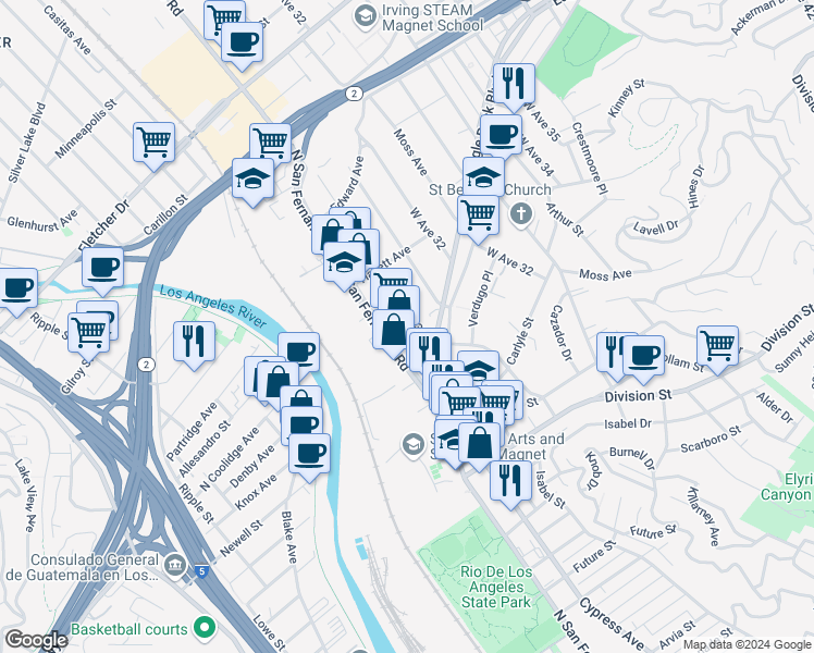 map of restaurants, bars, coffee shops, grocery stores, and more near 2438 West Avenue 30 in Los Angeles