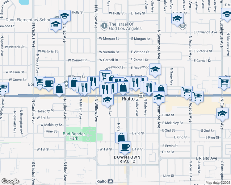 map of restaurants, bars, coffee shops, grocery stores, and more near 172 West Foothill Boulevard in Rialto