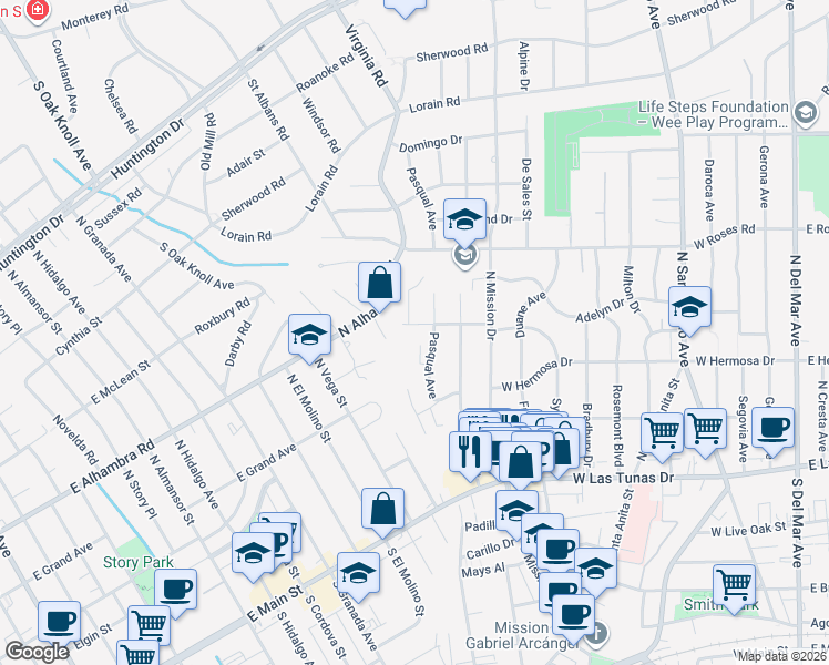 map of restaurants, bars, coffee shops, grocery stores, and more near 914 West Sycamore Drive in San Gabriel