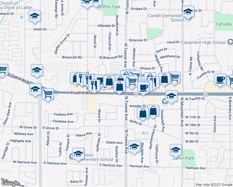 map of restaurants, bars, coffee shops, grocery stores, and more near 695 East Foothill Boulevard in Pomona