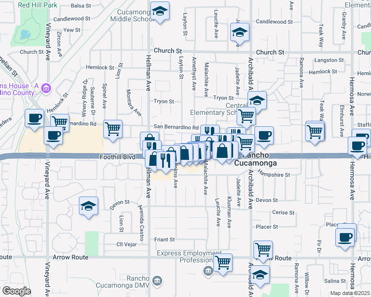 map of restaurants, bars, coffee shops, grocery stores, and more near 9445 Jack Rabbit Drive in Rancho Cucamonga