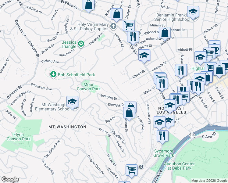 map of restaurants, bars, coffee shops, grocery stores, and more near 733 Crane Boulevard in Los Angeles