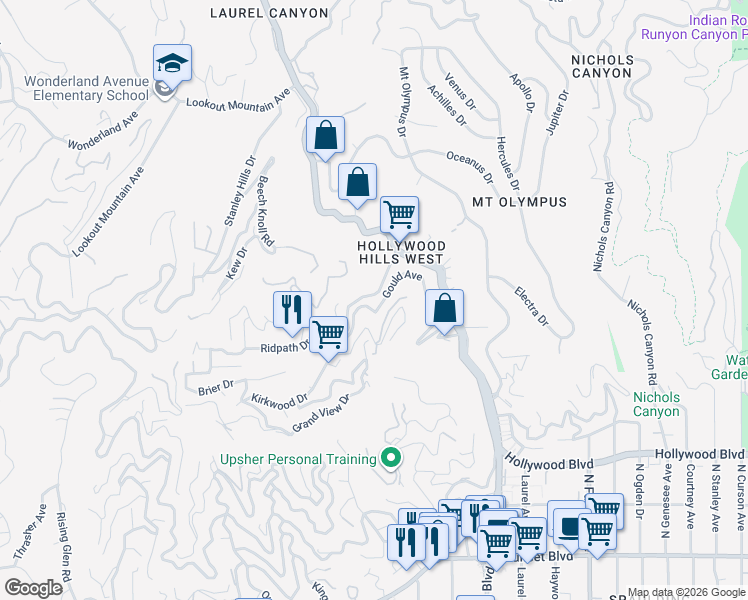 map of restaurants, bars, coffee shops, grocery stores, and more near 8162 Kirkwood Drive in Los Angeles