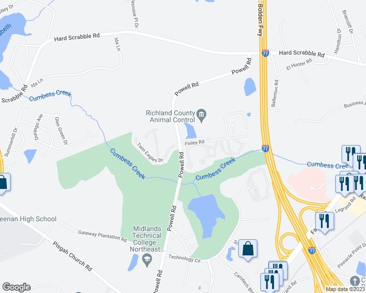 map of restaurants, bars, coffee shops, grocery stores, and more near 350 Finley Road in Columbia