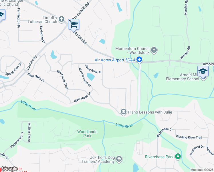 map of restaurants, bars, coffee shops, grocery stores, and more near 5001 River Rock Way in Woodstock