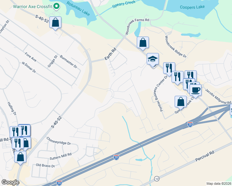 map of restaurants, bars, coffee shops, grocery stores, and more near 202 Clairmeade Way in Columbia