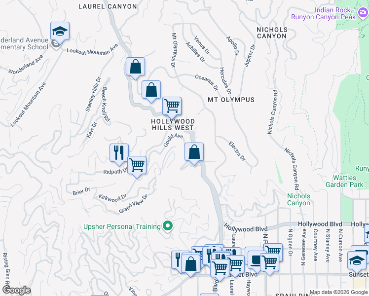 map of restaurants, bars, coffee shops, grocery stores, and more near 1951 Laurel Canyon Boulevard in Los Angeles