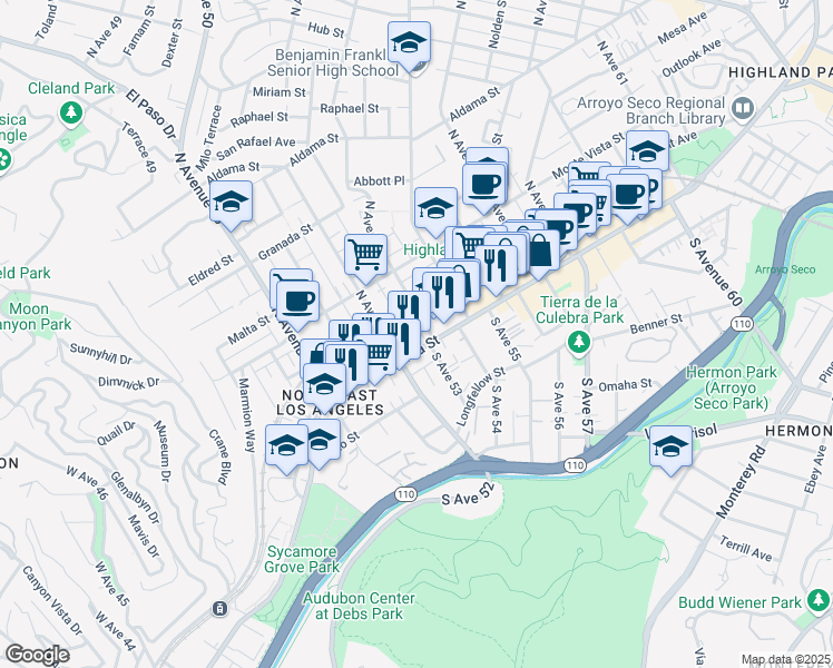 map of restaurants, bars, coffee shops, grocery stores, and more near 5229 1/2 North Figueroa Street in Los Angeles