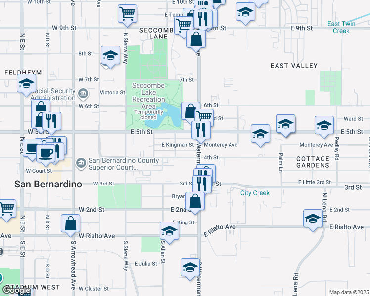 map of restaurants, bars, coffee shops, grocery stores, and more near 273 East Kingman Street in San Bernardino