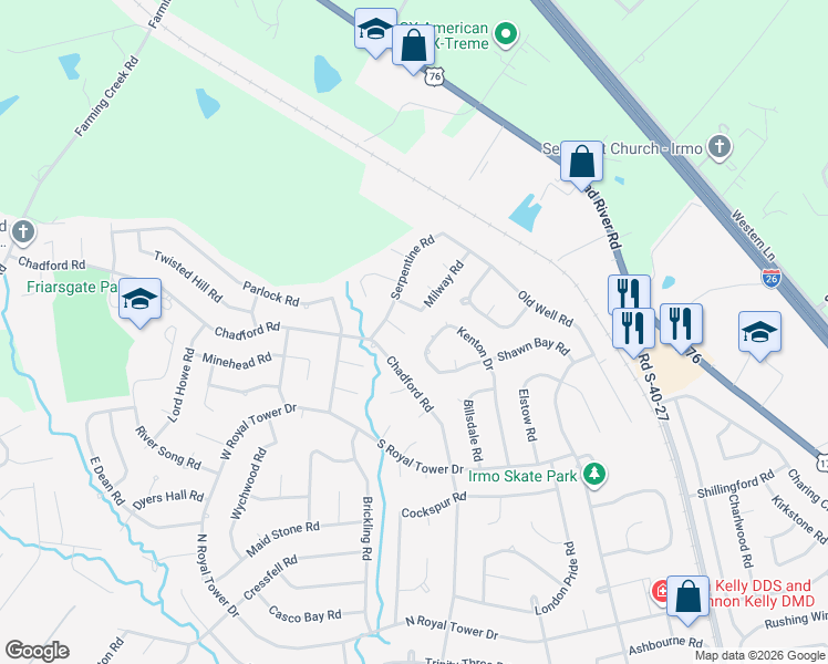 map of restaurants, bars, coffee shops, grocery stores, and more near 118 Logan Rock Court in Irmo