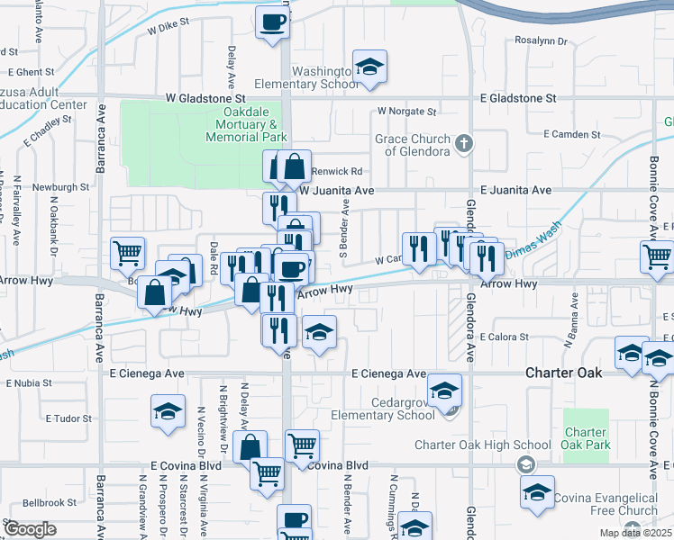 map of restaurants, bars, coffee shops, grocery stores, and more near 1747 South Bender Avenue in Glendora