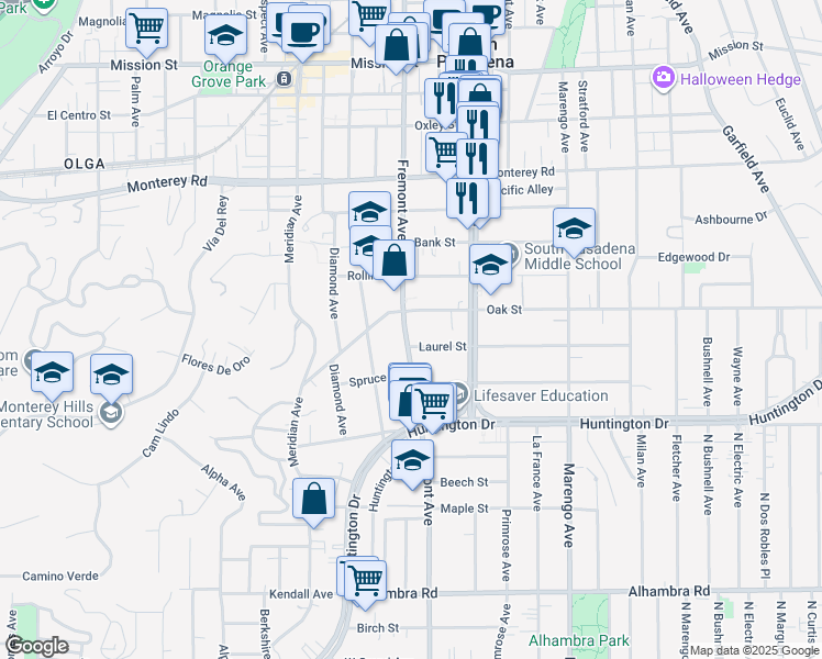 map of restaurants, bars, coffee shops, grocery stores, and more near 1616 Fremont Avenue in South Pasadena