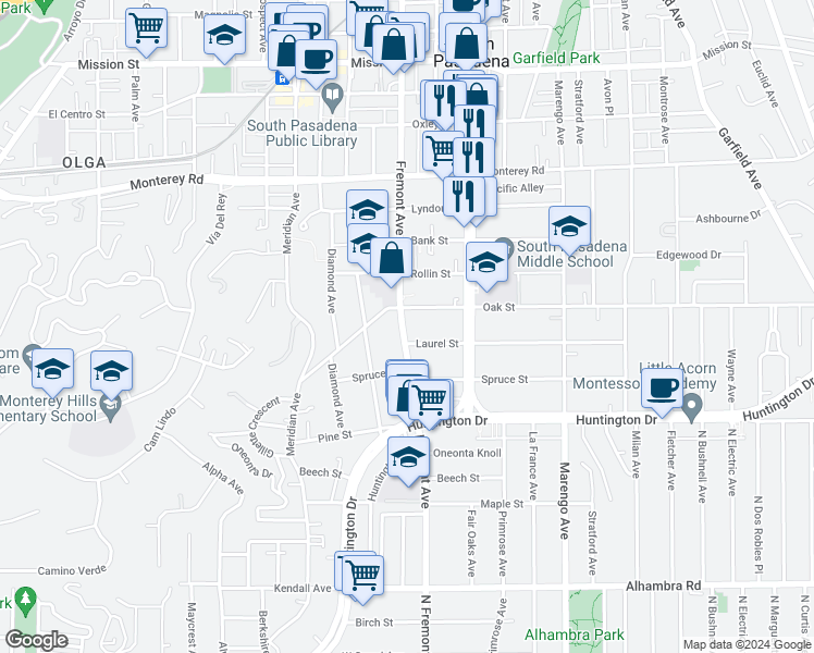 map of restaurants, bars, coffee shops, grocery stores, and more near 1616 Fremont Avenue in South Pasadena