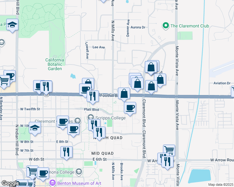 map of restaurants, bars, coffee shops, grocery stores, and more near 591 East Foothill Boulevard in Claremont