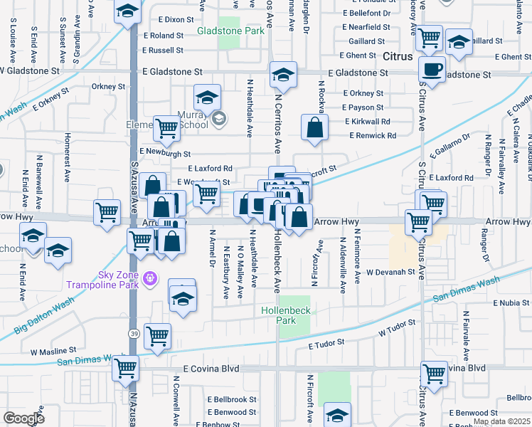 map of restaurants, bars, coffee shops, grocery stores, and more near 573 East Arrow Highway in Azusa