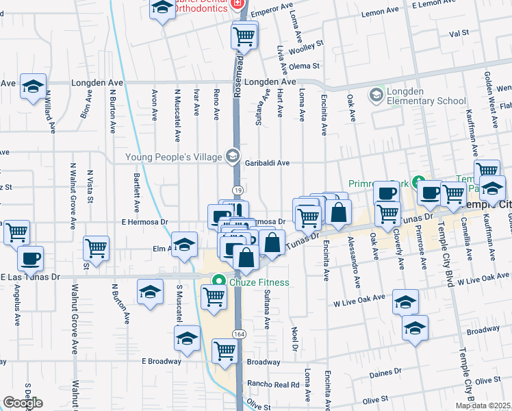 map of restaurants, bars, coffee shops, grocery stores, and more near 5935 Sultana Avenue in Temple City
