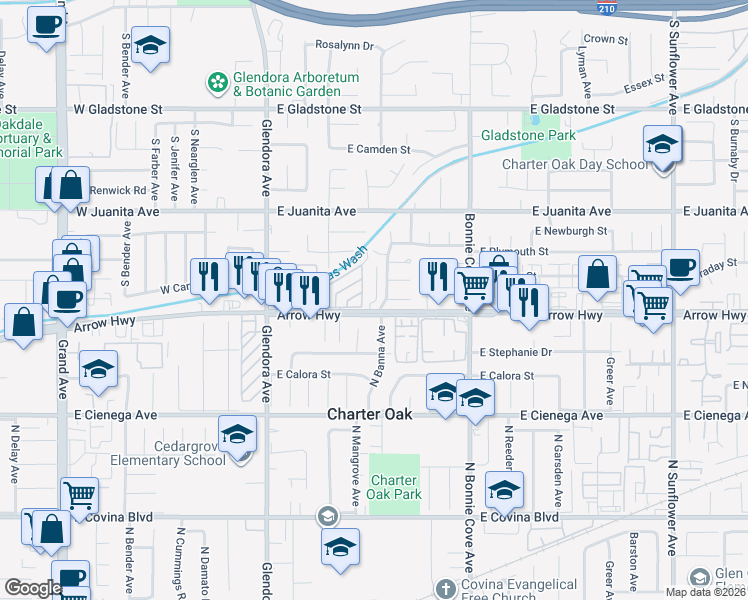 map of restaurants, bars, coffee shops, grocery stores, and more near 299 East Arrow Highway in Glendora