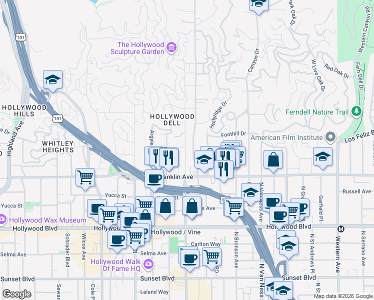 map of restaurants, bars, coffee shops, grocery stores, and more near 1962 Beachwood Drive in Los Angeles