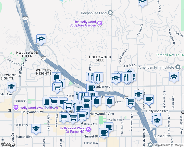 map of restaurants, bars, coffee shops, grocery stores, and more near 1957 Vista Del Mar Avenue in Los Angeles